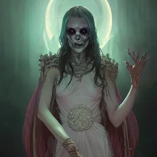 Image similar to Millie Bobby Brown as an undead Lich necromancer, Magic the Gathering art, undead facial features, art by greg rutkowski and alphonse mucha, highly detailed, digital painting, matte painting, concept art, illustration, oppressive lighting, trending on artstation, very detailed