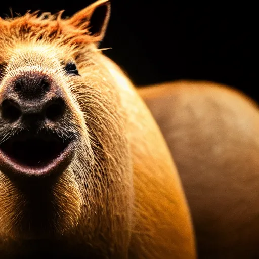 Image similar to a beautiful photo of a capybara chews on a nvidia gpu, eats an rtx 1 0 8 0 graphic card, wildlife photography, kodak gold 2 0 0, depth of field, f / 2 2, neon lamp, volumetric lighting, award - winning photo