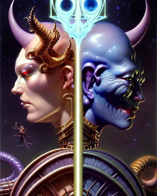 Image similar to beautiful gemini good and evil fantasy character portrait, ultra realistic, wide angle, intricate details, the fifth element artifacts, highly detailed by peter mohrbacher, hajime sorayama, wayne barlowe, boris vallejo, aaron horkey, gaston bussiere, craig mullins