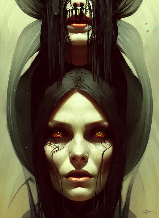 Image similar to symmetry!! portrait of a witch, horror, dark moody lights!! intricate, scary, highly detailed, digital painting, artstation, concept art, smooth, sharp focus, illustration, art by greg rutkowski and alphonse mucha