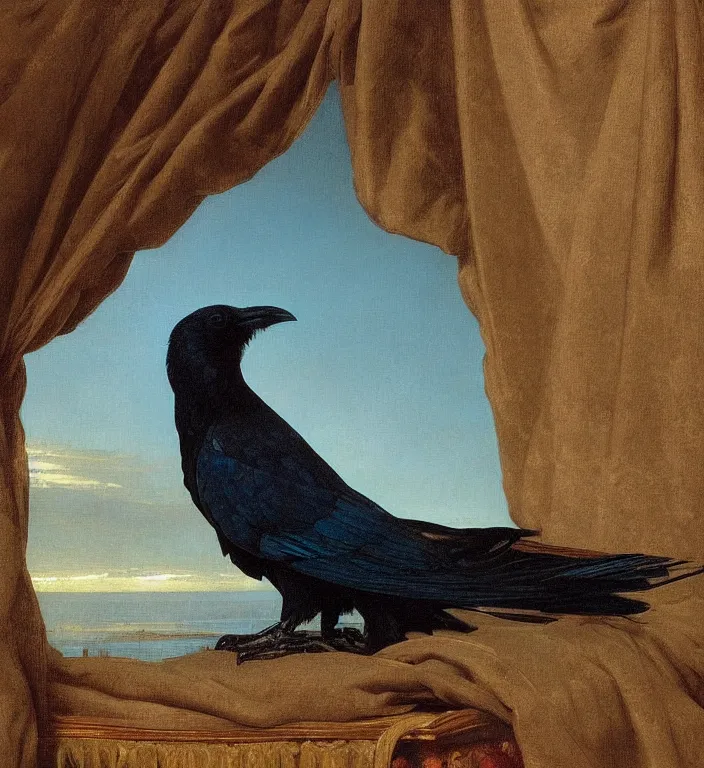 Image similar to a beautifully photoreal clear detailed victorian portrait of a close up raven on a victorian windowsill with an ornate velvet dark teal curtain at beautiful sunset daytime nature sunlit painting by frederic leighton and turner and morris and rosetti, humerous, cheeky, 8 k, octane render