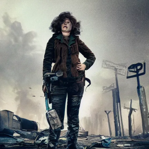 Image similar to movie still of a sad female postapocalyptic jester