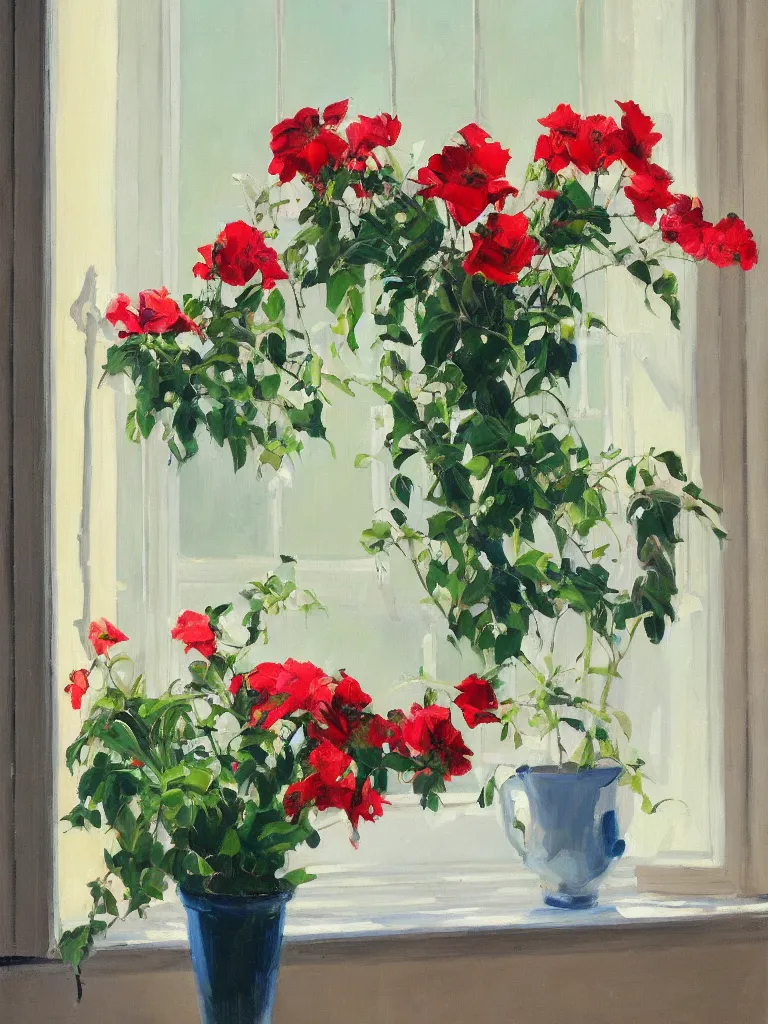 Image similar to gorgeous flowers by Ben aronson, oil on canvas, morning, window with art nouveau curtains