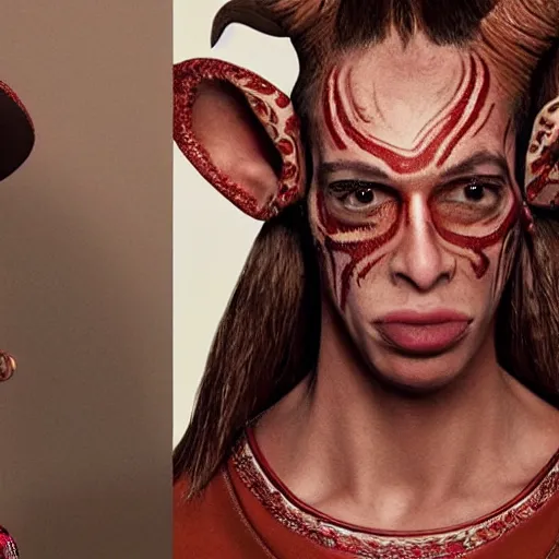 Image similar to dolce & gabbana campaign featuring jar jar binks as a female cowgirl, long eyeslashes, huge juicy lips, big seductive eyes, shot by mario testino, realistic vfx simulation