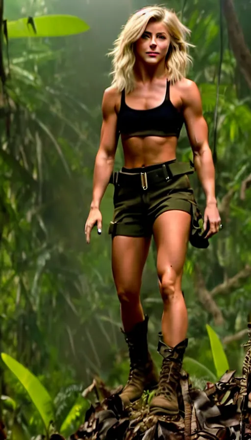 Image similar to cinematic action scene with julianne hough as a commando in the jungle, crop top, boy shorts, boots, dramatic smoke, still frame