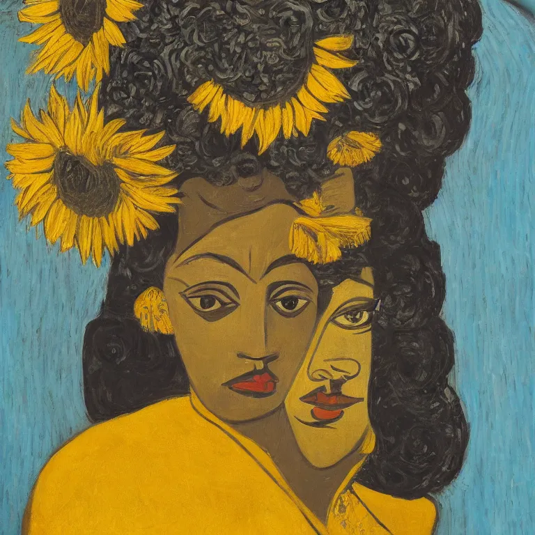 Prompt: beautiful portrait of a lavender and sunflower - head black woman by picasso, hyper detailed painting, distance, centered, hd, hq, high resolution, high detail, 4 k, 8 k