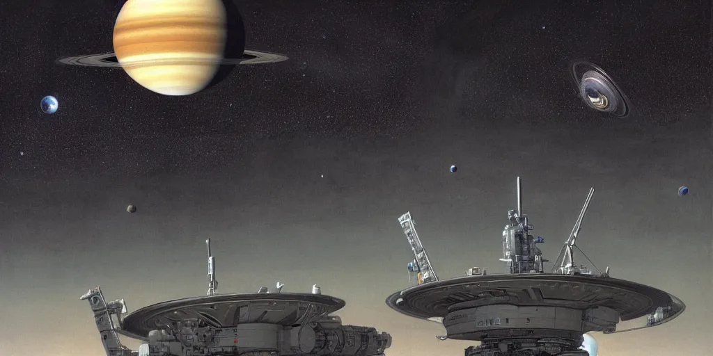 Image similar to An interstellar space vessel, Saturn, Twinkling stars, by Peter Elson, Trending on artstation