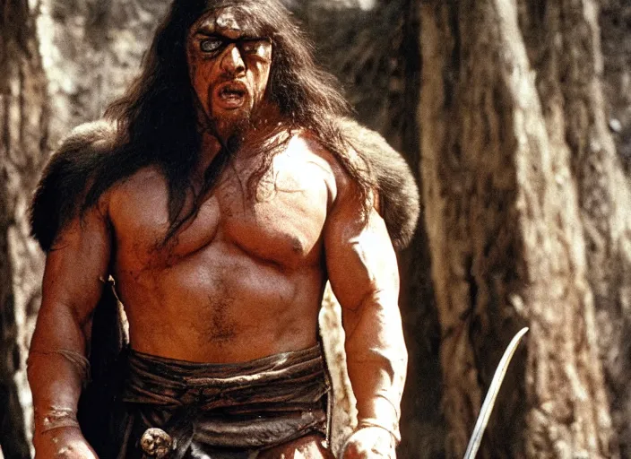 Prompt: still of muscular sam hyde in conan the barbarian directed by frank frazetta, high resolution