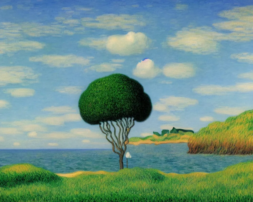 Image similar to achingly beautiful painting of bandon dunes by rene magritte, monet, and turner.