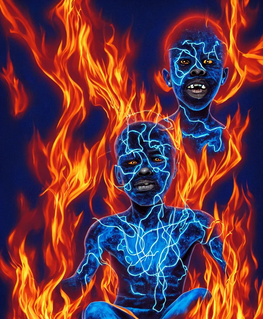 Prompt: a realistic photograph of a black boy left all alone in his astral projection blue demon flames strangled by his thoughts, sitting in the middle of iridescent fungal, extremely detailed, 8 k