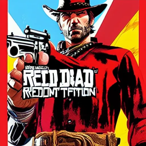 Image similar to Bright, colorful, realistic Red Dead Redemption comic book by Alex Ross cover art