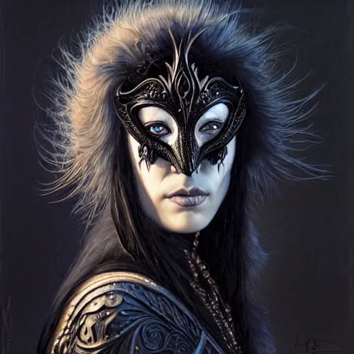 Prompt: portrait of a young woman in a raven masquerade mask, dark, piercing eyes, exotic expression, esoteric clothing, photorealistic, highly detailed, mysterious lighting, artstation, smooth, sharp focus, art by michael whelan, artgerm, greg rutkowski and luis royo