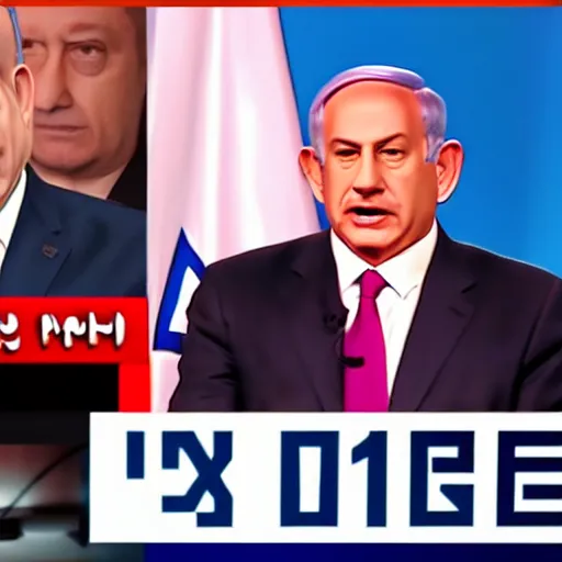 Prompt: Benjamin Netanyahu on live television lying about himself to an interviewer, long nose