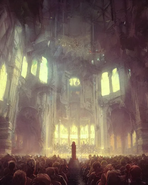 Prompt: craig mullins and ghibli digital matte art of a crowd in a futuristic church, priest, pews, ethereal, inviting, unreal engine, hyper realism, realistic shading, cinematic composition, realistic render, octane render, detailed textures, photorealistic, wide shot