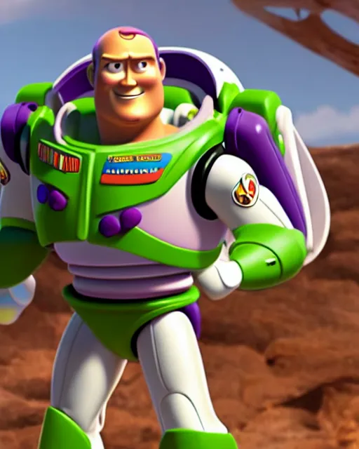 Image similar to Film still close-up shot of Dwayne Johnson as Buzz Lightyear in the movie Toy Story 3. Photographic, photography