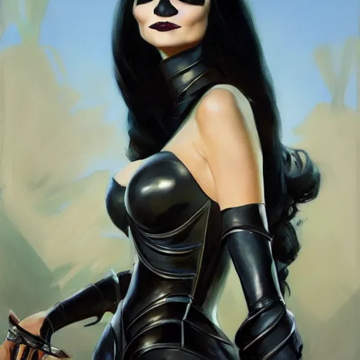 Prompt: greg manchess portrait painting of armored morticia from addams family as overwatch character, medium shot, asymmetrical, profile picture, organic painting, sunny day, matte painting, bold shapes, hard edges, street art, trending on artstation, by huang guangjian and gil elvgren and greg rutkowski