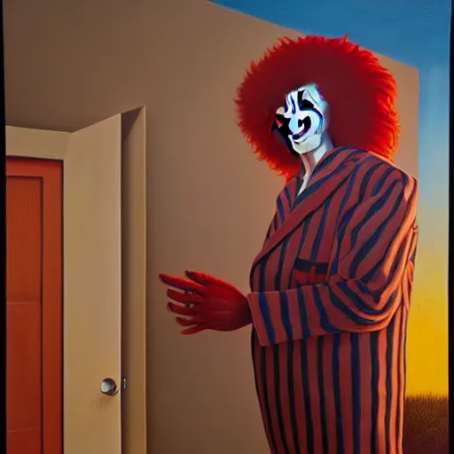 Prompt: a candy - colored clown they call the sandman tiptoes to my room every night. by jeffrey smith, oil on canvas