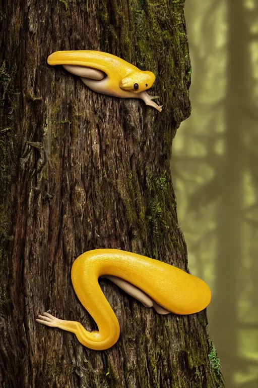 Prompt: A brilliant yellow banana slug with deer antlers, poised magnificently on a tree stump deep in a redwood forest, magical, deep woods, octane render, 8k,realism, insanely detailed, intricate, natural lighting, illustrated by TamberElla, national geographic wildlife photography, digital art, fantasy creature, realistic Trending on artstation, artstationHD, artstationHQ, 4k, 8k