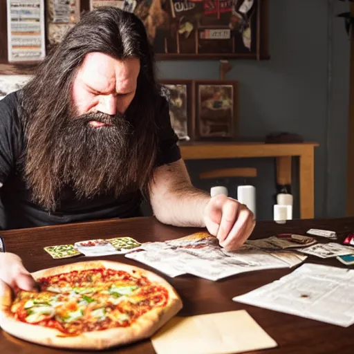 Image similar to a grumpy danish man with long black hair eating pizza while DMing an AD&D game, D&D, rogue, dark hair, skinny, middle aged, D&D dice on table, papers on table, character sheets on table, natural lighting, black hair, dark hair