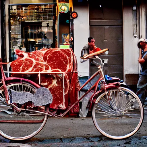 Image similar to bicycle made of charcuterie, meat cycle, beef bike, flesh bicycle, glisten, oily, dripping, mechanical, street photography, cityscape,