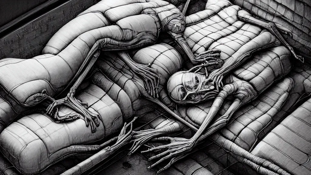 Image similar to comfortable bed that makes me want to sleep, hyperdetailed, artstation, cgsociety, style of Giger, H. R. GIGER, style of Junji Ito, 4K, highly detailed, minimalistic, minimalistic, minimalistic, fine tuned, machina