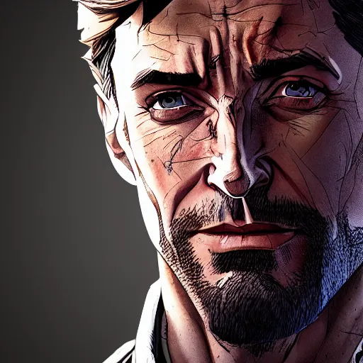 Prompt: hugh jackman portrait, borderlands, tales from the borderlands, the wolf among us, comic, cinematic lighting, studio quality, 8 k