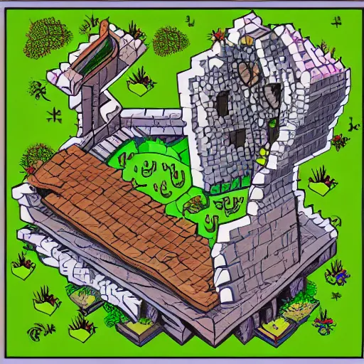 Prompt: aerial view of wizard tower, colored lineart game tile