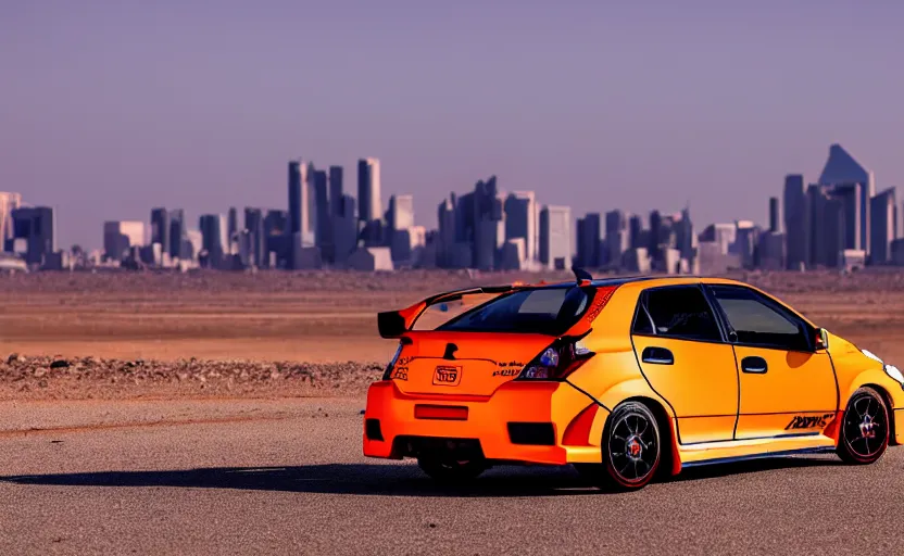 Prompt: photograph of an itasha Honda Civic EK9 Type-R, surrounded by desert with a futuristic city in the horizon, sigma 85mm f/1.4, 4k, depth of field, high resolution, 4k, 8k, hd, full color