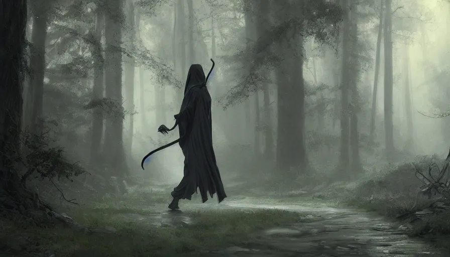 Image similar to A beautiful painting of a the grim reaper wearing a flowing cloak on a magical forest path, ray traced sun light, by greg rutkowski and Kalin Popov , Trending on artstation HD.