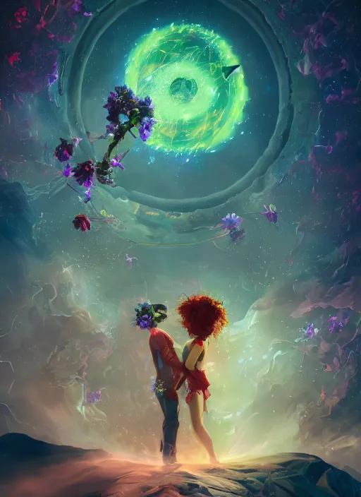 Image similar to An epic fantastic realism comic book style painting of the most beautiful entwined flowers launched across the dark galactic night sky, nebulous bouquets, fisheye lens, unreal 5, DAZ, hyperrealistic, octane render, dynamic lighting