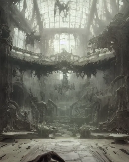 Image similar to inside the king's hall, wolves and their treasures, ethereal, ominous, misty, 8 k, by ruan jia and miho hirano and ruan jia and jeremy mann and alphonse mucha and greg rutkowski