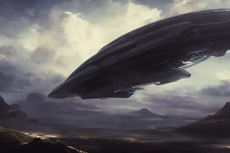 Image similar to a huge spaceship emerging from the clouds over Table Mountain, cinematic, dramatic lighting, 4k, ultra detailed, trending on artstation, by sparth