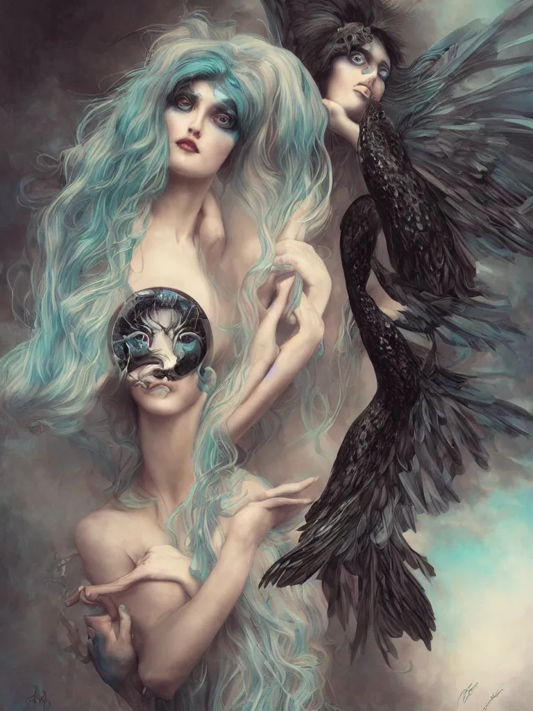 Image similar to a seapunk portrait of a harpy with shadowy eyes and bonewhite hair, with black glossy lips, hyperrealistic, award-winning, masterpiece, in the style of Tom Bagshaw, Cedric Peyravernay, Peter Mohrbacher