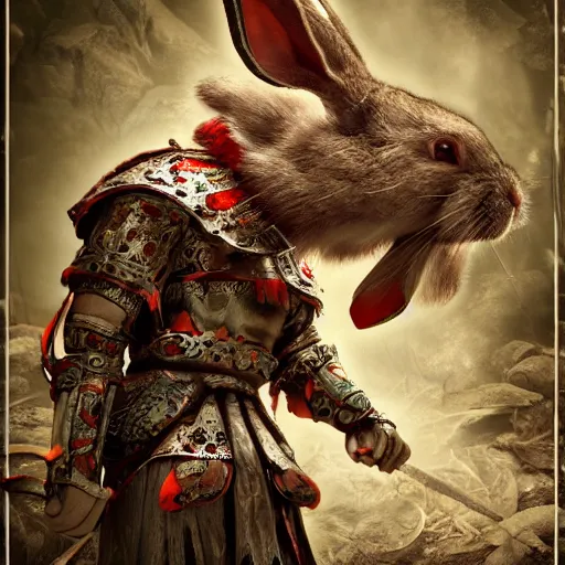 Prompt: The Chinese Zodiac sign of an evil rabbit warrior, traditional Chinese textures, hyper detail, Unreal engine,Octane render, by Brooke Shaden