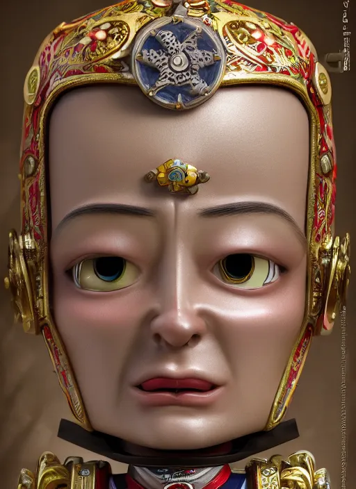 Image similar to closeup face profile portrait of tin toy army general, depth of field, zeiss lens, detailed, symmetrical, centered, fashion photoshoot, by nicoletta ceccoli, mark ryden, lostfish, breathtaking, 8 k resolution, extremely detailed, beautiful, establishing shot, artistic, hyperrealistic, octane render