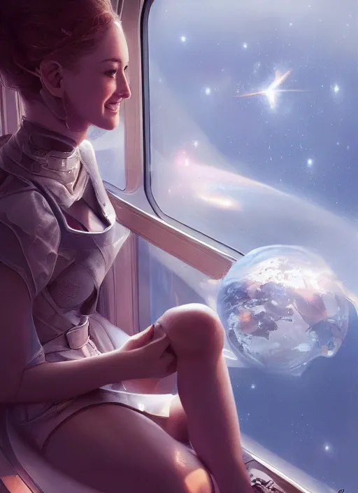 Image similar to woman sitting on a spaceship window, beautiful detailed dress, close face portrait, beautiful model girl, smiling, by artgerm, by wlop, by greg rutkowski, octane render, digital art