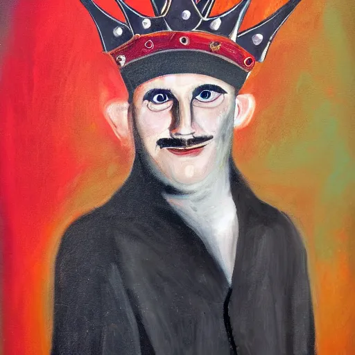 Prompt: man with a crown, smirk, photograph, black backgrounds, glowing red eyes, oil painting