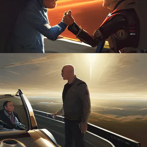 Prompt: illustration of a meeting between elon musk, mark zuckenberg, jeff bezos, very clear face, high quality, very detailled, by artgem, greg rutkowski