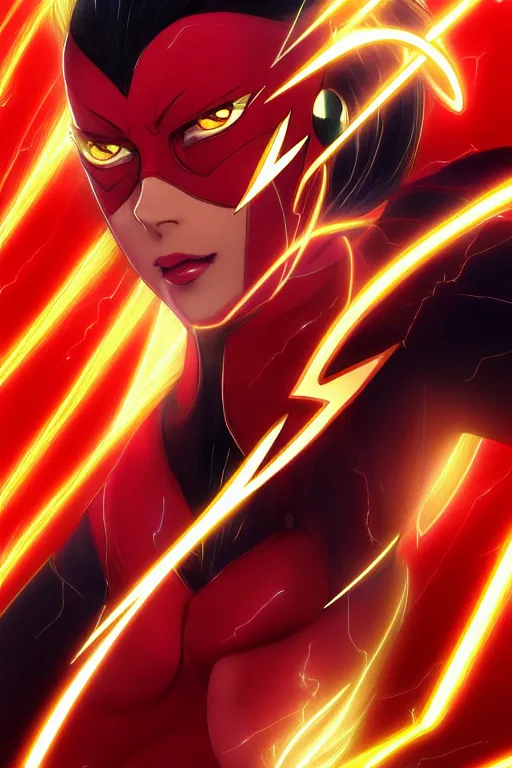 Image similar to anime key visual of a beautiful female the flash!! intricate, red, black, gold suit, powers, speed, lightning hate, dc comics, cinematic, stunning, highly detailed, digital painting, artstation, smooth, hard focus, illustration, art by artgerm and greg rutkowski and alphonse mucha