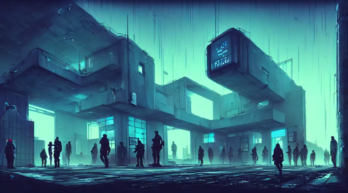 Image similar to post - apocalyptic police station, building, paved roads, sci - fi art, highly detailed photography, trending on artstation, hyperrealistic, human silhouettes, cyberpunk, environment artist, dystopian, science fiction, synthwave neon retro, concrete, vivid colors