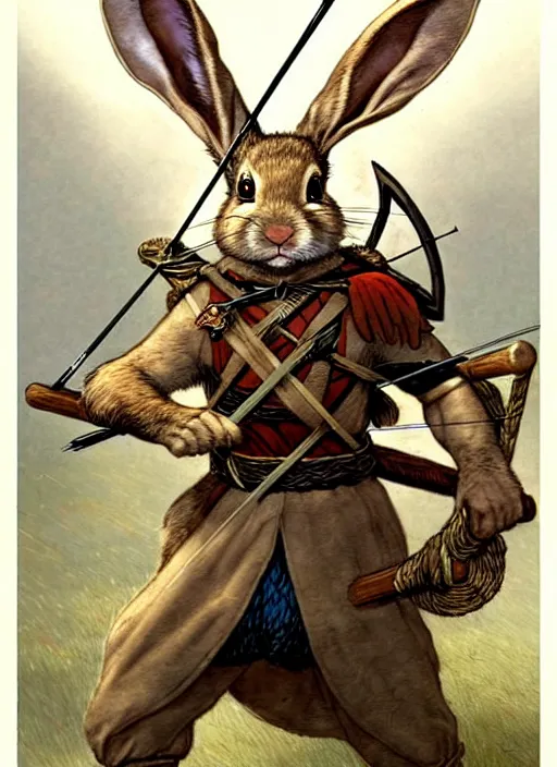 Image similar to a heroic rabbit archer with bow and arrow on a parchment background, redwall, greg rutowski and jean baptiste monge, detailed, epic fantasy concept art