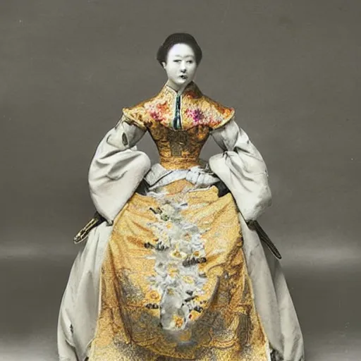 Prompt: A Russian and Japanese mix 1900s historical fantasy photograph of a empress bridal ensemble displayed on a mannequin featured inside of a museum.