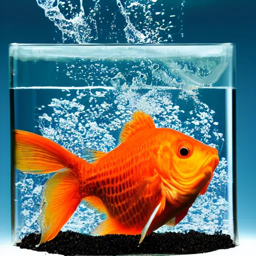 Prompt: stock photo of goldfish jumping to freedom out if fish bowl to another aquarium with clear water against blue background