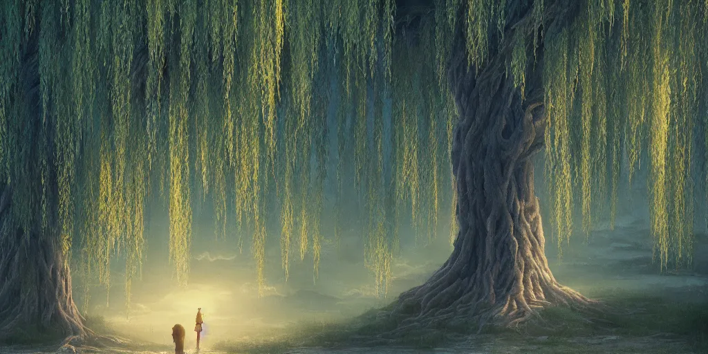 Prompt: A highly detailed matte oil painting of a willow tree, hyperrealistic, cinematic, breathtaking, beautiful composition, Mokoto Shinkai, Studio Ghibli, Dan Mumford, James Jean, volumetric lighting, octane render, 4K resolution, trending on artstation