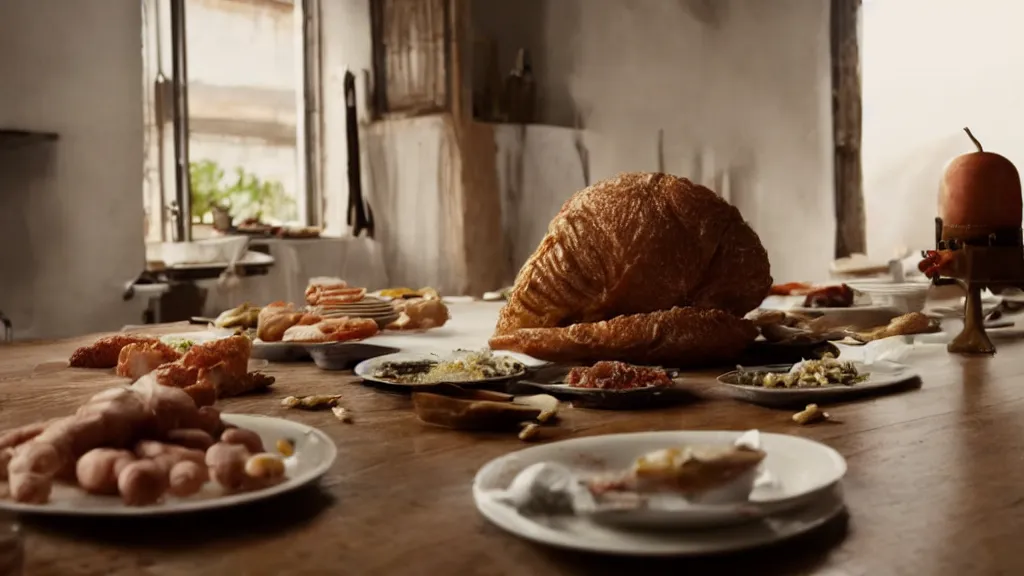 Image similar to Cursed food on the kitchen table, film still from the movie directed by Denis Villeneuve with art direction by Salvador Dalí, wide lens