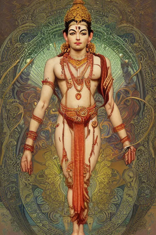 Image similar to a full body portrait of a beautiful ornated hanuman god, meditative sacral pose, hindu stages of meditation, intricate, elegant, highly detailed, digital painting, artstation, concept art, smooth, sharp focus, illustration, art by krenz cushart and artem demura and alphonse mucha