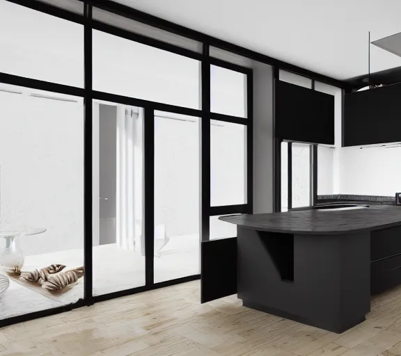 Image similar to brutalist black house kitchen with 2 islands interior design minimalist organic, organic architecture furniture open space high quality octane render blender 8 k