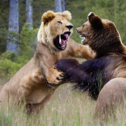 Image similar to realistic photo of a fight between a lion and a bear