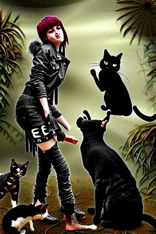 Image similar to punk rock girls kissing and making selfie with black cats in jungle , 1980 style, mad max jacket, post apocalyptic, Cyberpunk, renaissance, Gothic, mystic, highly detailed, digital painting, 4k, fog, oil painting by Leonardo Da Vinci, hyper realistic style, fantasy by Olga Fedorova