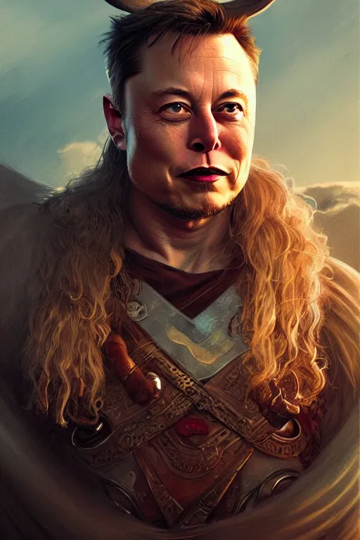 Prompt: elon musk as viking, portrait, face tattooed, highly detailed, digital painting, artstation, concept art, smooth, sharp focus, illustration, cinematic lighting, art by artgerm and greg rutkowski and alphonse mucha